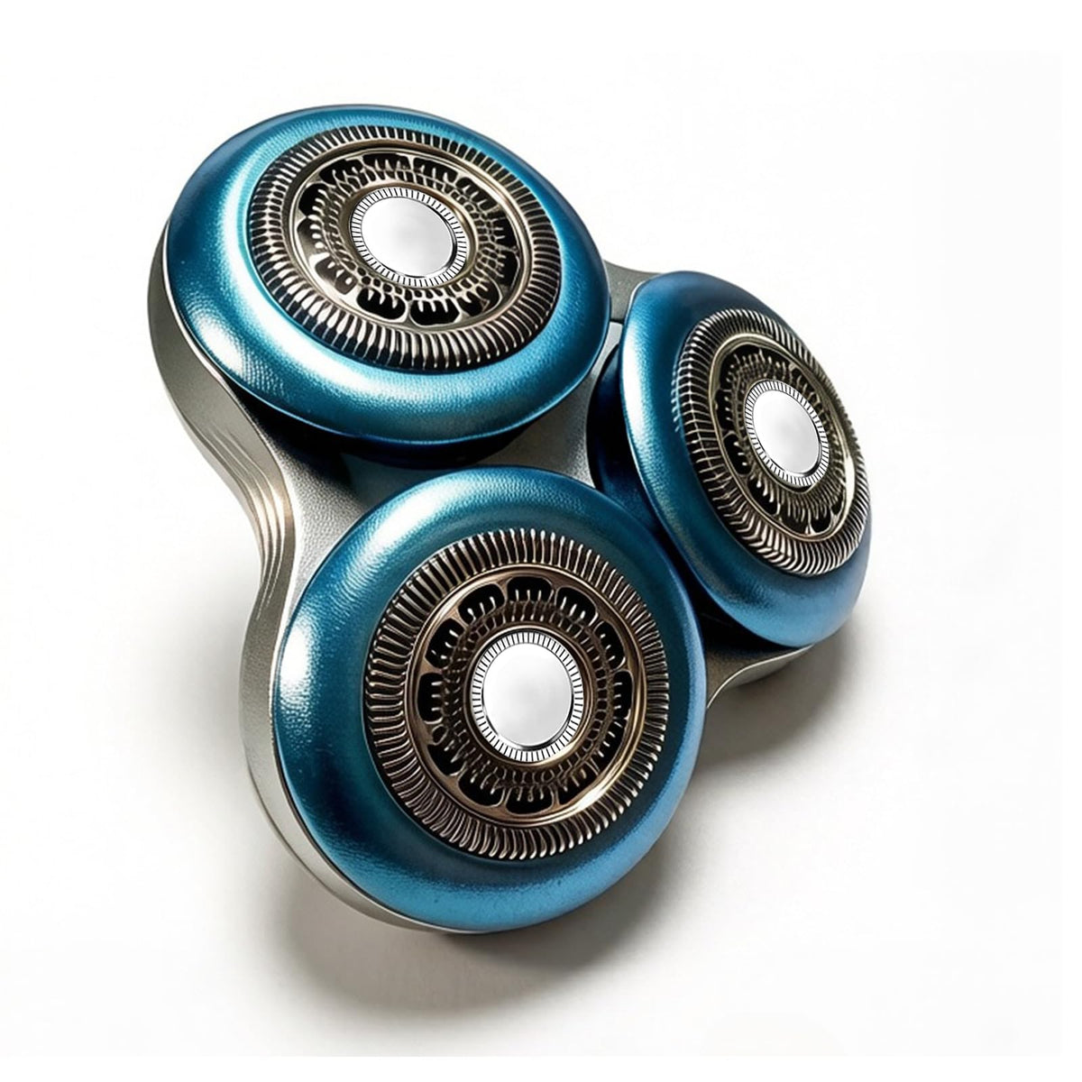 Ruixin SH90 replacement head closeup with triple-rounded blades for a smoother shave.