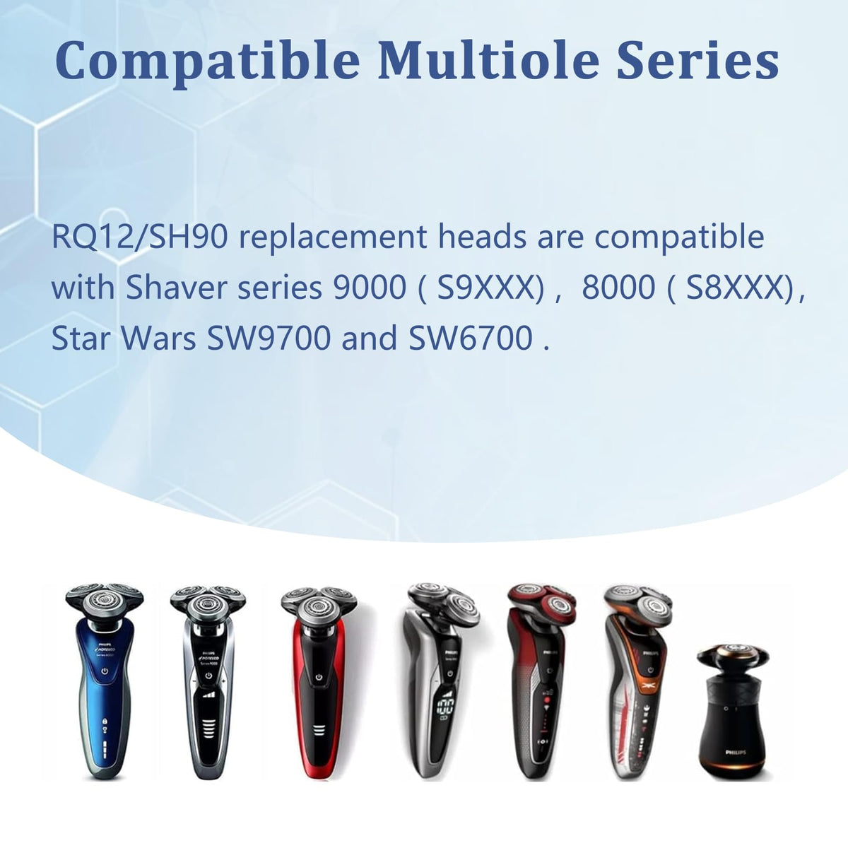 Ruixin SH90 replacement head close-up blades, showcasing double-precision technology for comfortable wet or dry shaving