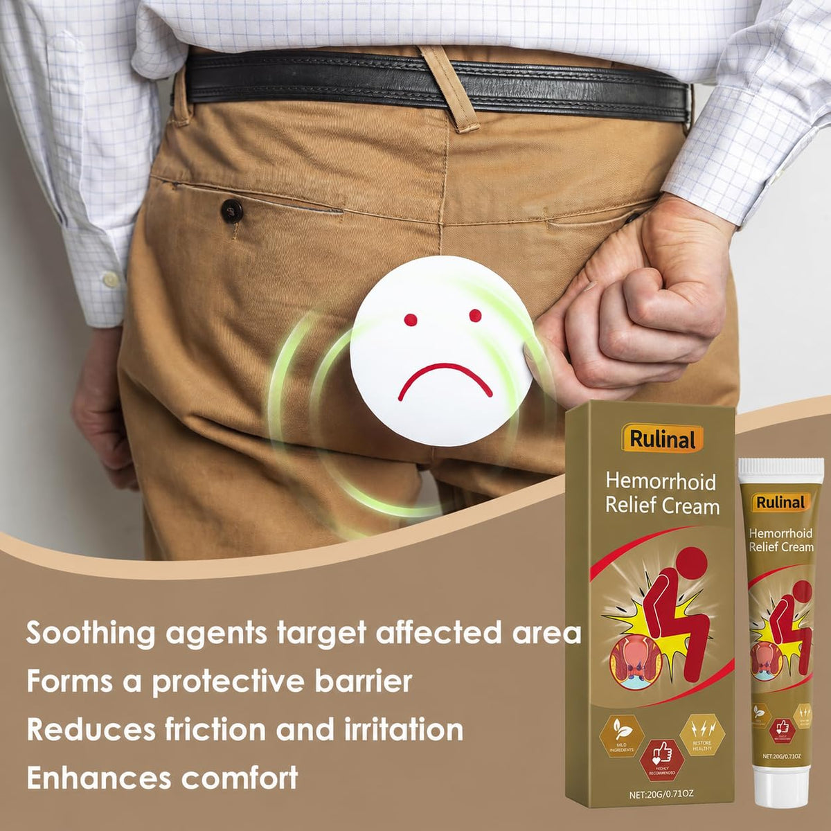 Rulinal hemorrhoid cream packaging showcases gentle care for sensitive skin.