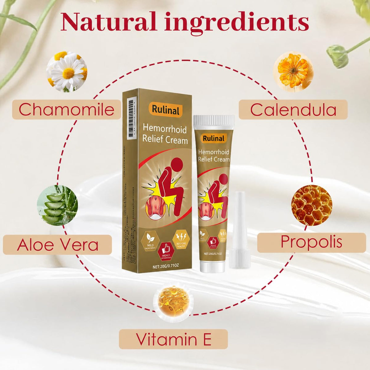 Rulinal hemorrhoid ointment application illustrates quick absorption without greasiness.