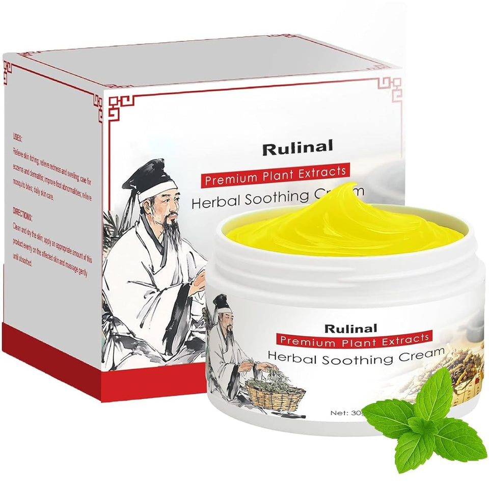 Rulinal Herbal Soothing Cream jar close-up, compact for on-the-go moisture.