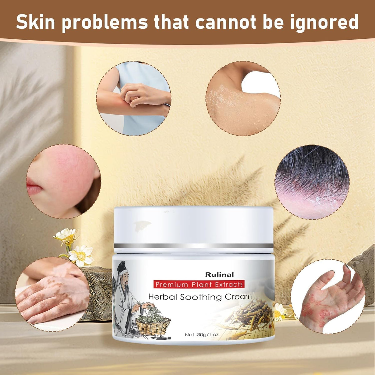 Rulinal Herbal Soothing Cream packaging display for home and travel.