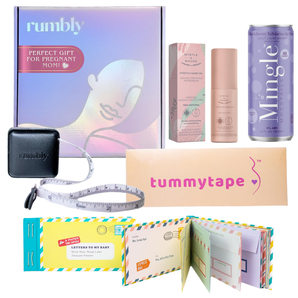 Rumbly second trimester box hero showcases a gift-ready care package for expecting moms.