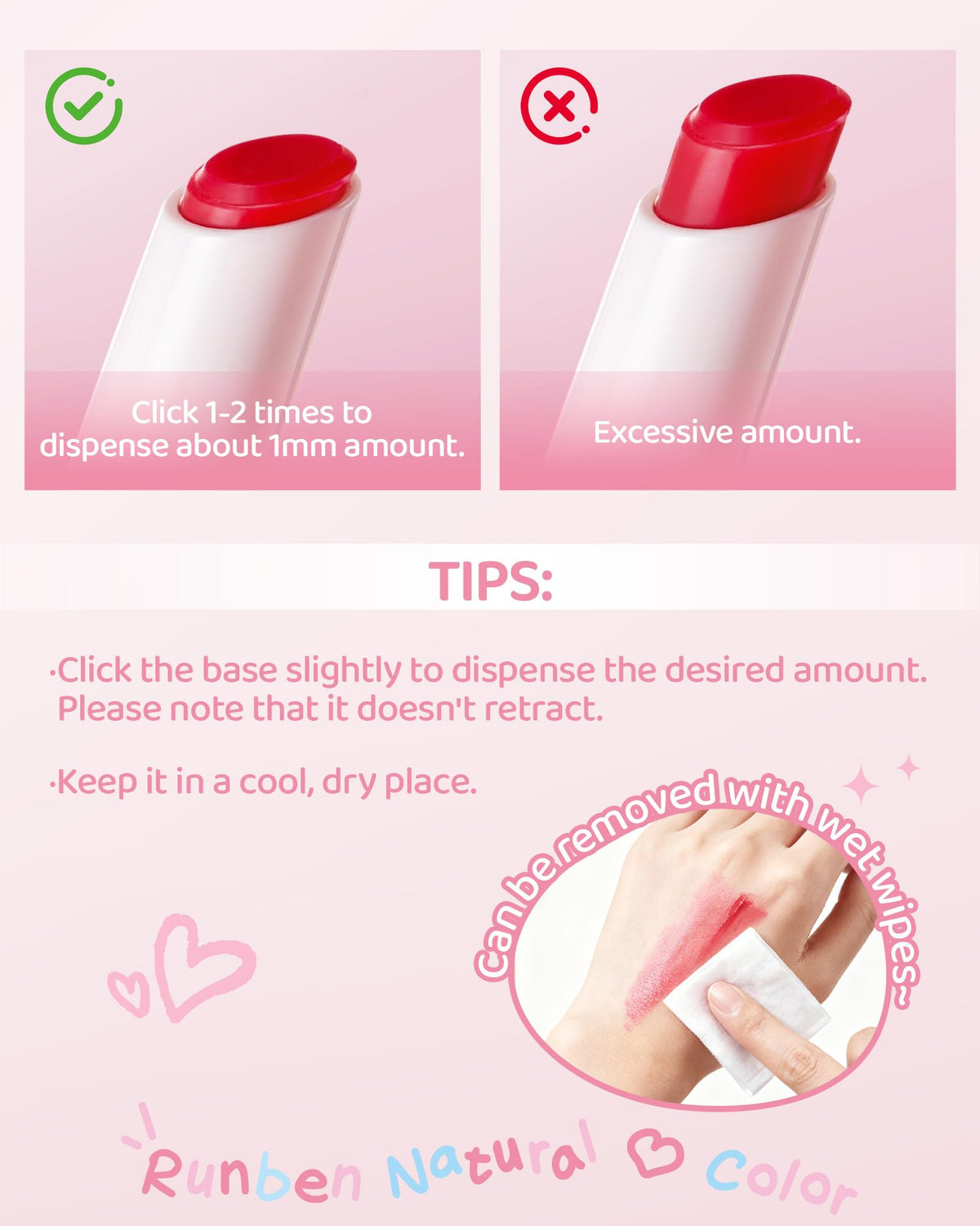 RUNBEN non-greasy texture absorbs quickly for comfortable lips.
