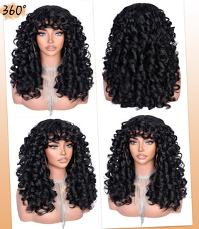RunM Hair Black Curly Wig with Bangs face-framing bangs enhance facial framing and feminine charm.