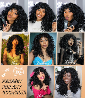 RunM Hair Black Curly Wig with Bangs packaging and accessories featured for gifting inspiration.