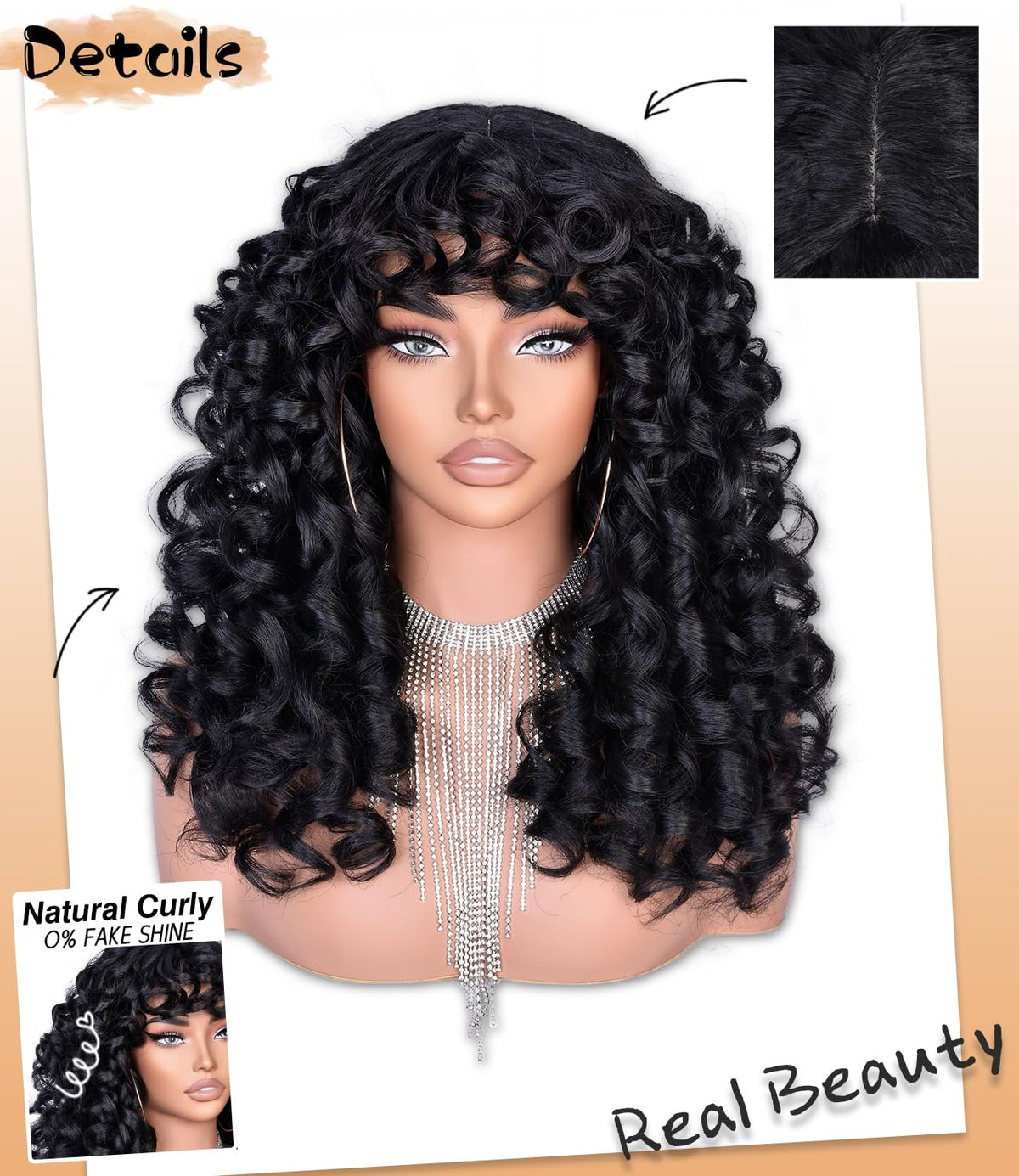 RunM Hair Black Curly Wig with Bangs side profile offers natural movement for cosplay or daily looks.