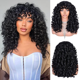 RunM Hair Black Curly Wig with Bangs top view shows voluminous texture for daily styling.