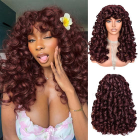 RunM Hair curly wig with bangs in burgundy, voluminous waves for daily wear.