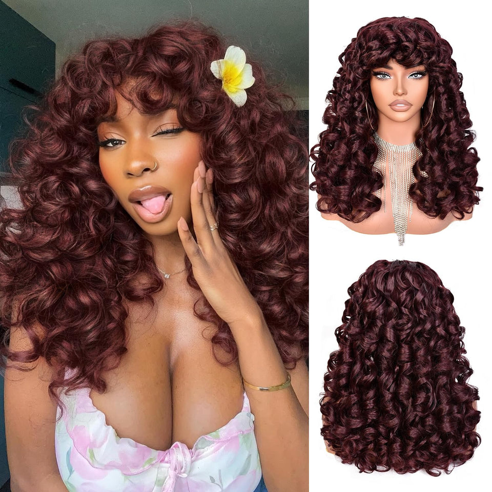 RunM Hair curly wig with bangs in burgundy, voluminous waves for daily wear.