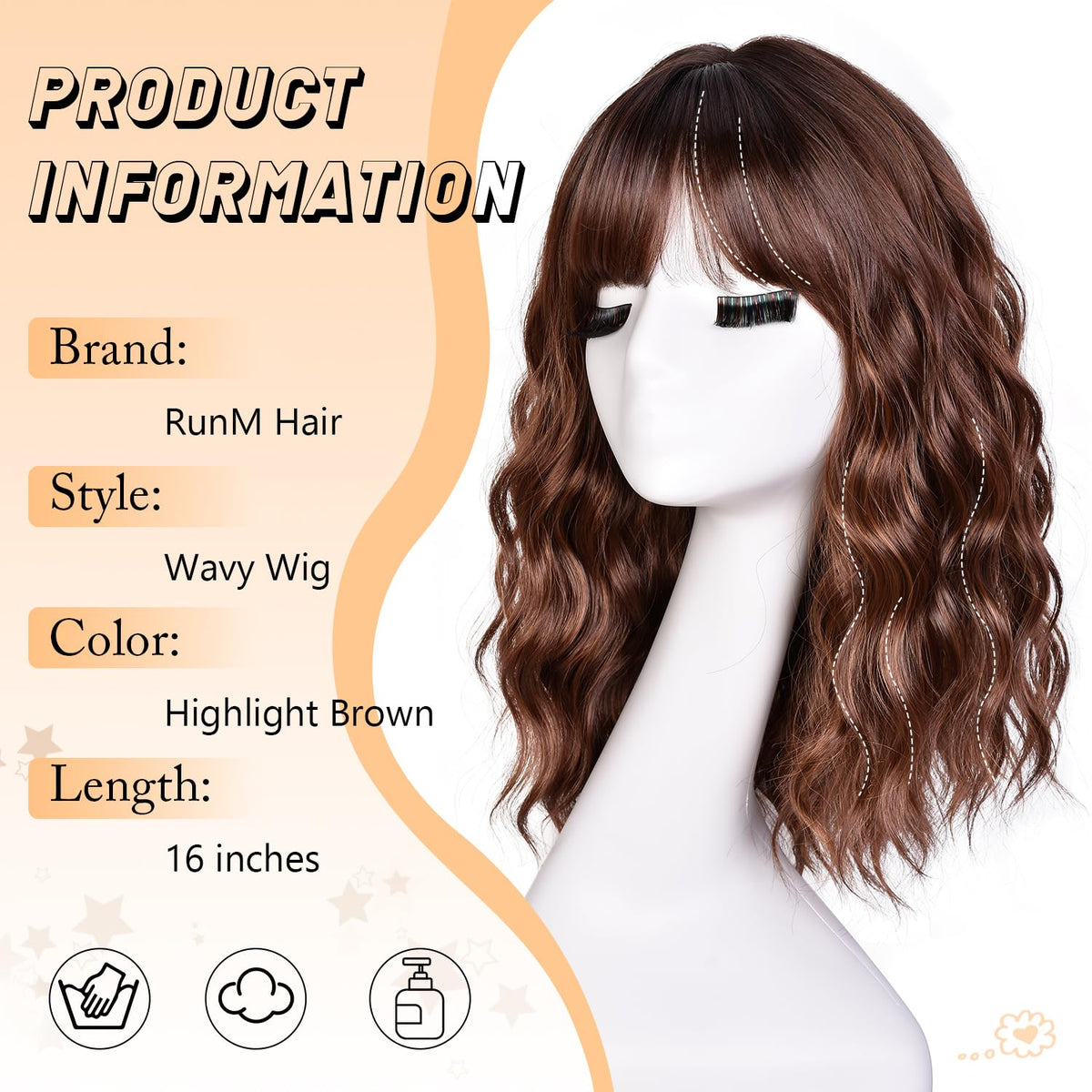 RunM hair 18-inch brown-highlight wig shows seamless transformation for events and cosplay.