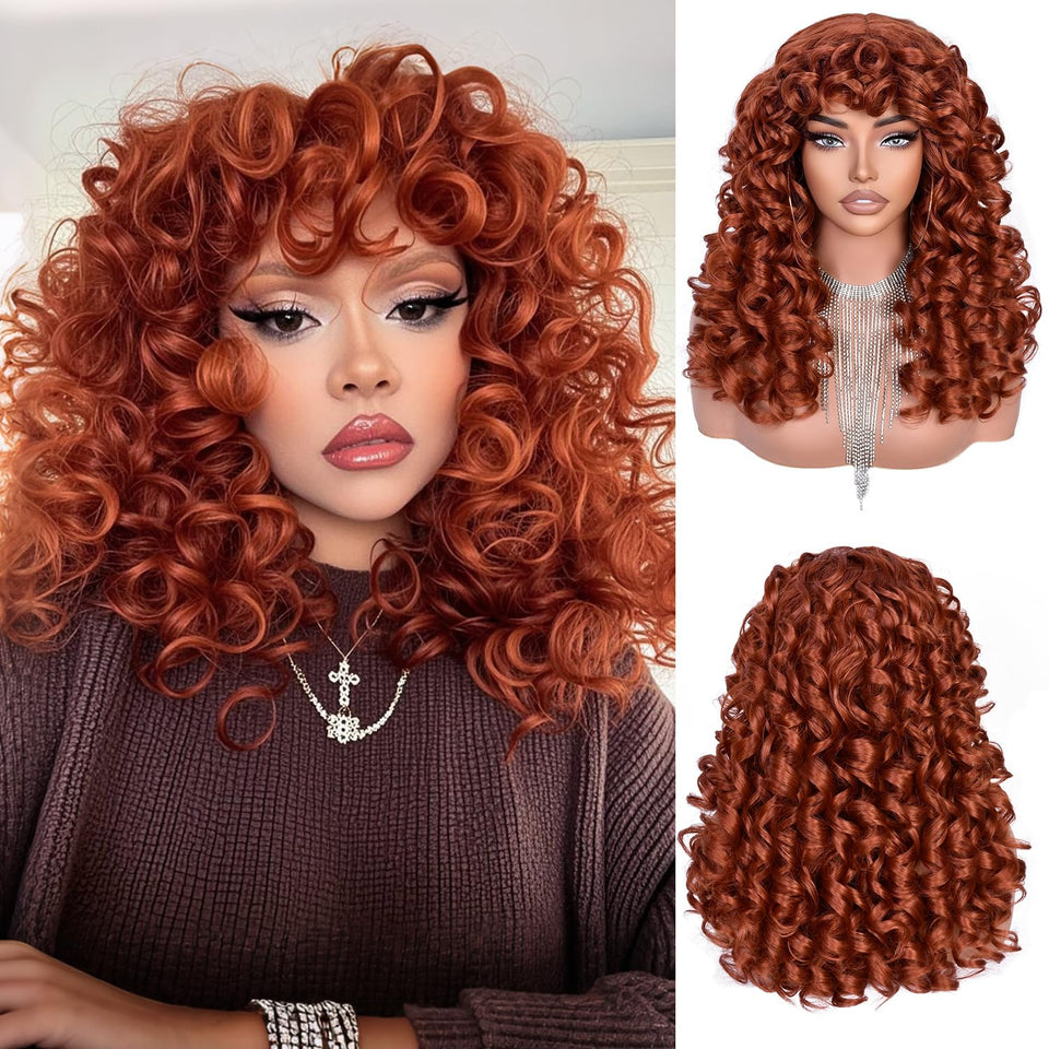 RunM Hair curly wig with bangs in ginger, voluminous texture for daily wear