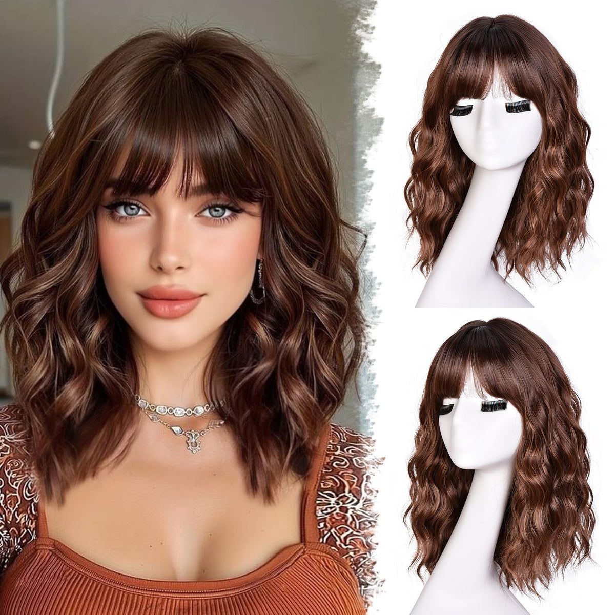 RunM hair short bob wavy wig with bangs in brown highlight for everyday versatility.