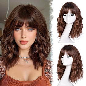 RunM hair short bob wavy wig with bangs in brown highlight for everyday versatility.