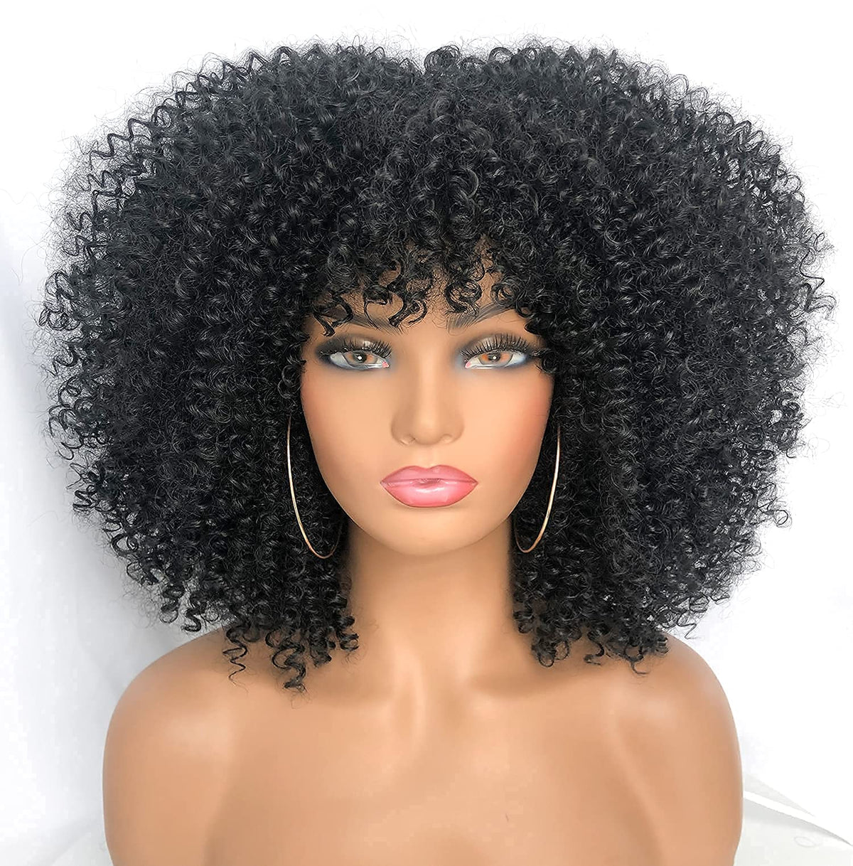 RunM Hair short curly afro wig with bangs, 14 inch length, adjustable fit