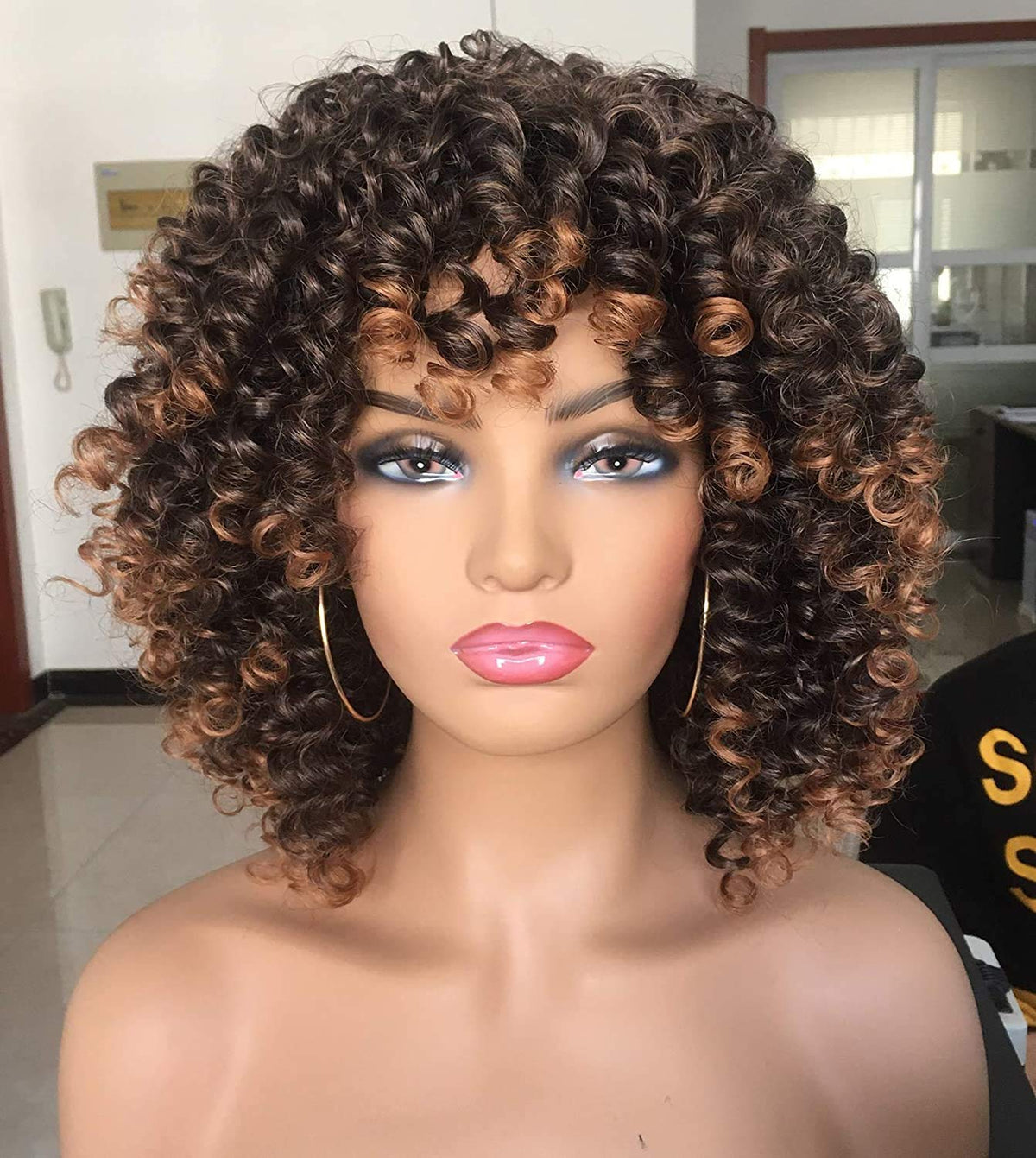 RunM hair short curly wig with bangs ombre brown closeup for quick daily transformation