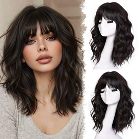 RunM Short Bob Wavy Wig front view shows ready-to-wear style with soft bangs