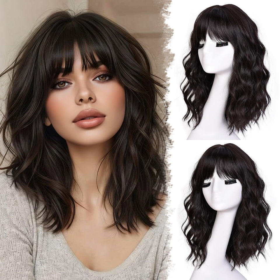 RunM Short Bob Wavy Wig front view shows ready-to-wear style with soft bangs