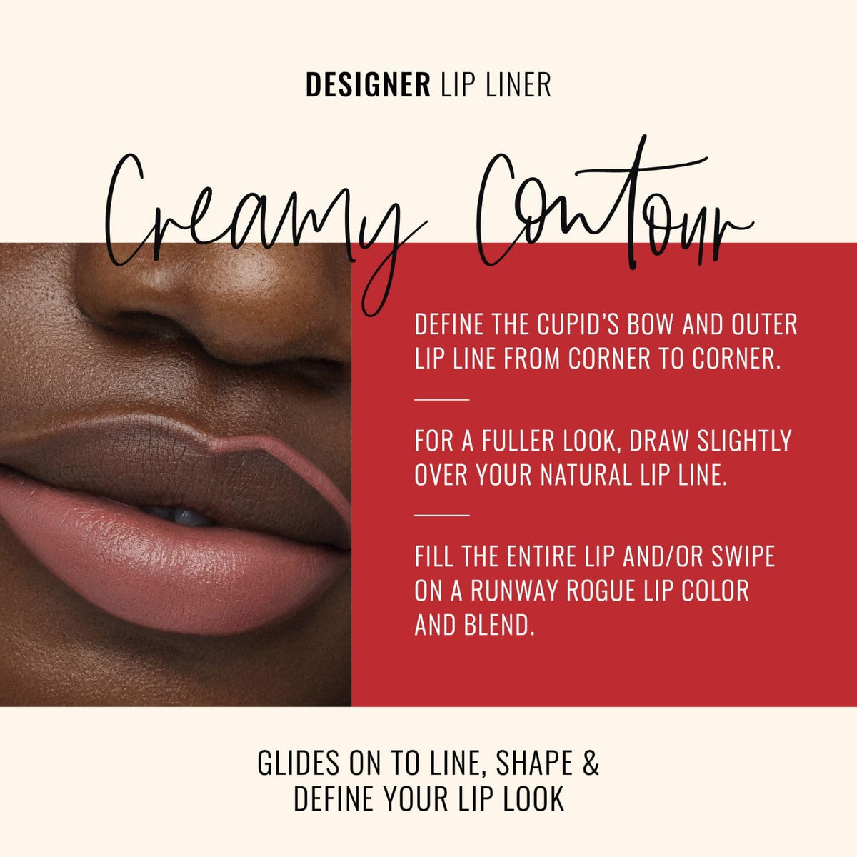 Runway Rogue Designer Liner Lip Pencil Nude Awakening in use for precise application.