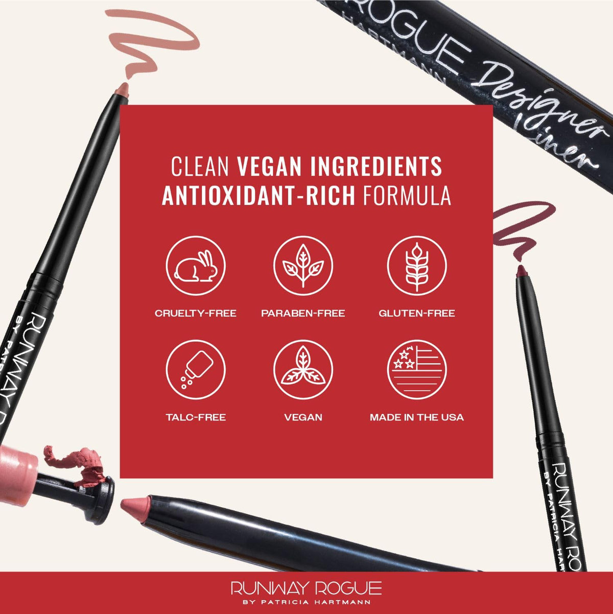 Runway Rogue Nude Awakening vegan lip liner highlights comfortable wear.