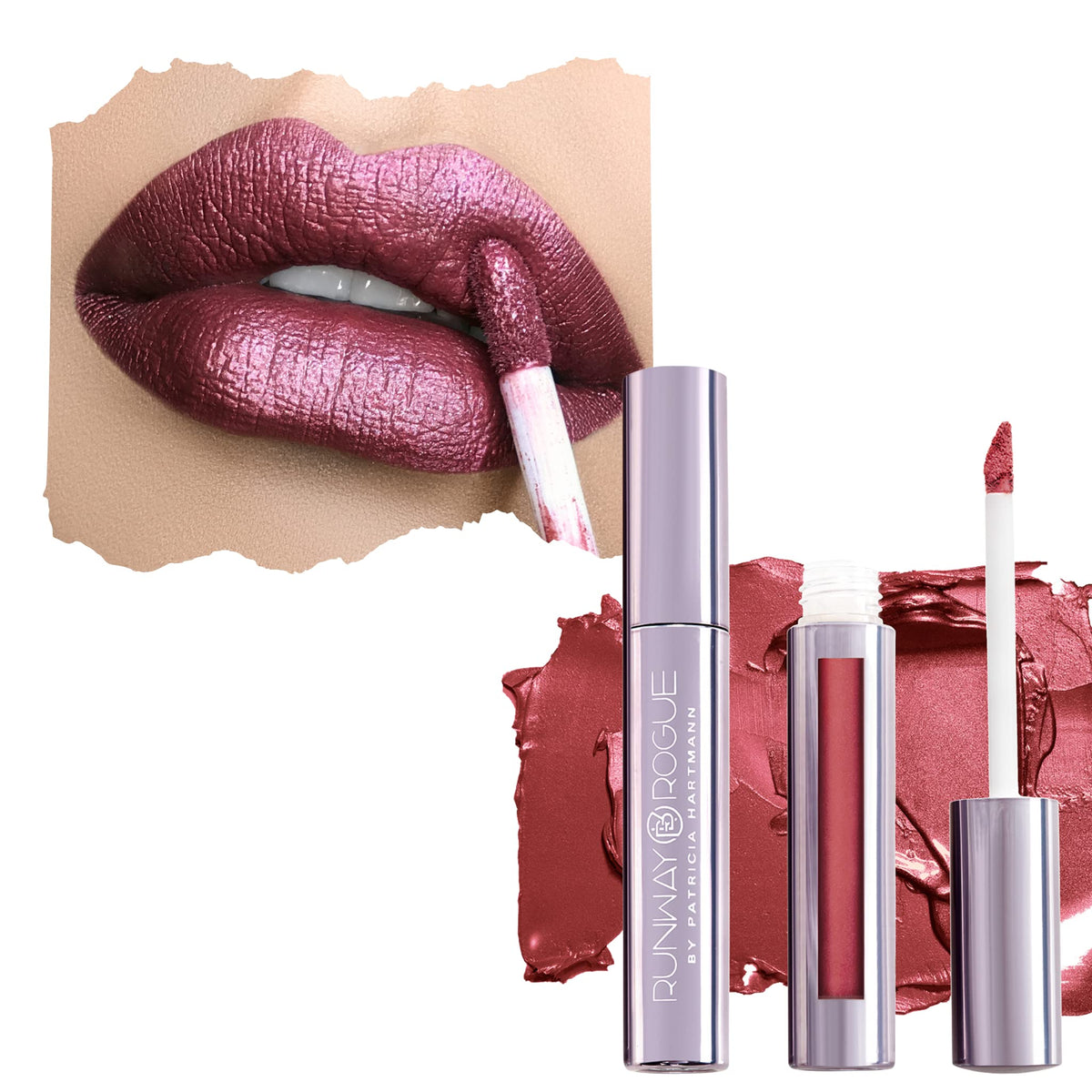 Runway Rogue Pearl Glam bottle close-up showing metallic finish and shimmer.