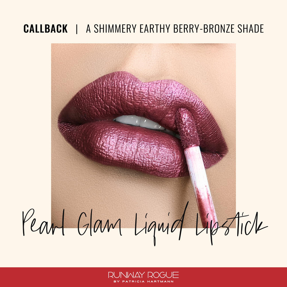 Runway Rogue Pearl Glam swatch reveals earthy berry-bronze tone on skin.