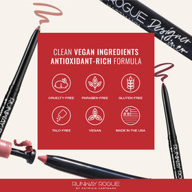 Runway Rogue lip liner application demonstrates edge definition and color-fill capability.