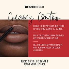 Runway Rogue lip liner in matte soft mocha applied on lips for defined look.