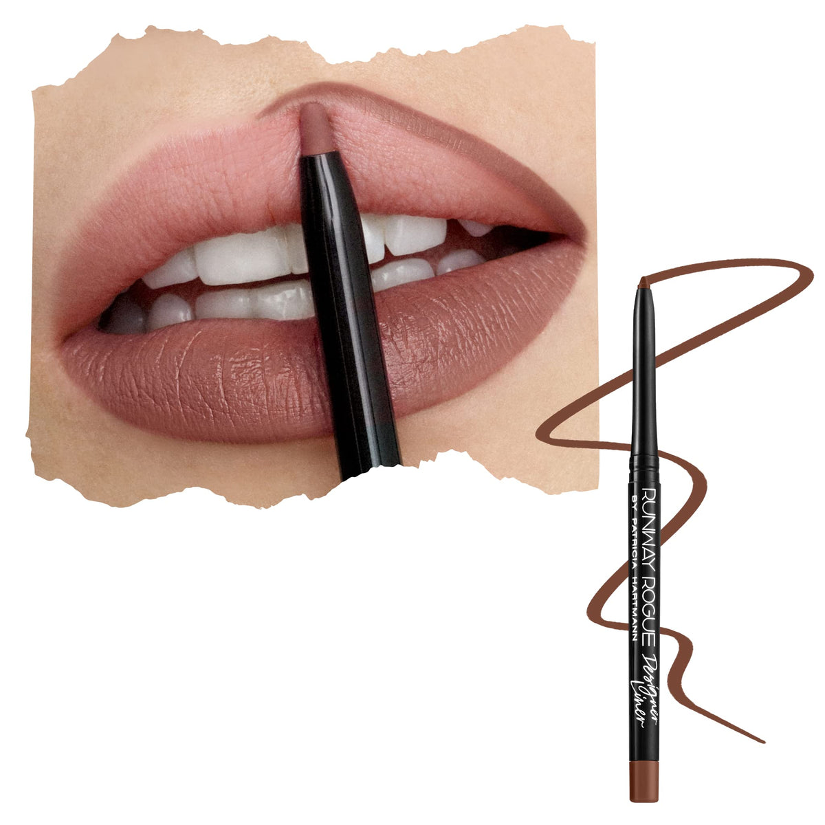 Runway Rogue Trendsetter lip liner closeup showing matte mocha shade for precise contour.