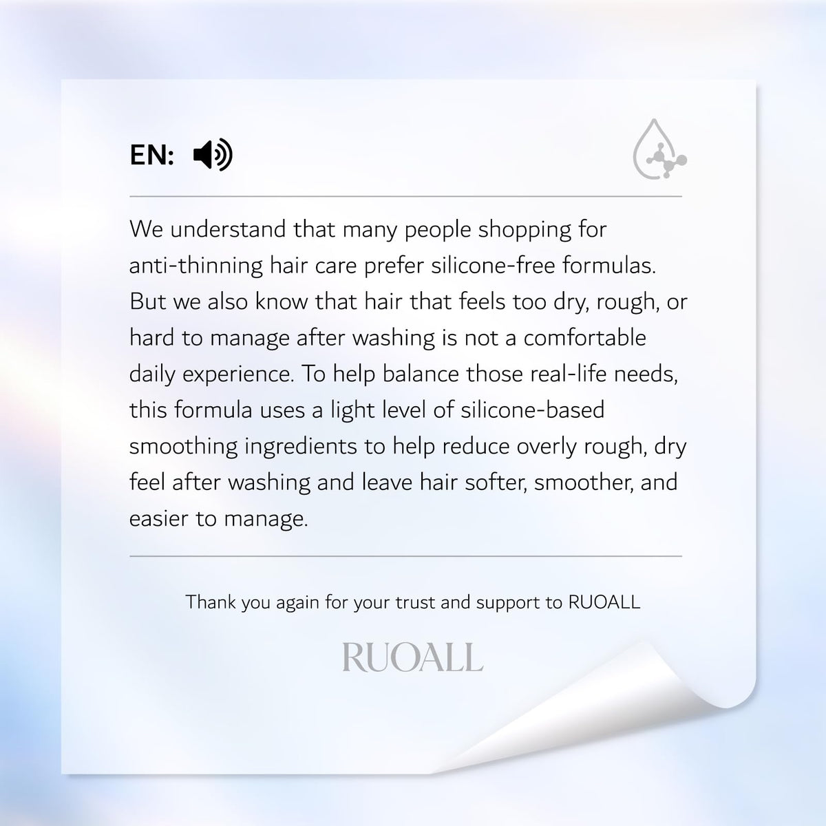 RUOALL bathroom scene emphasizes everyday hair care.