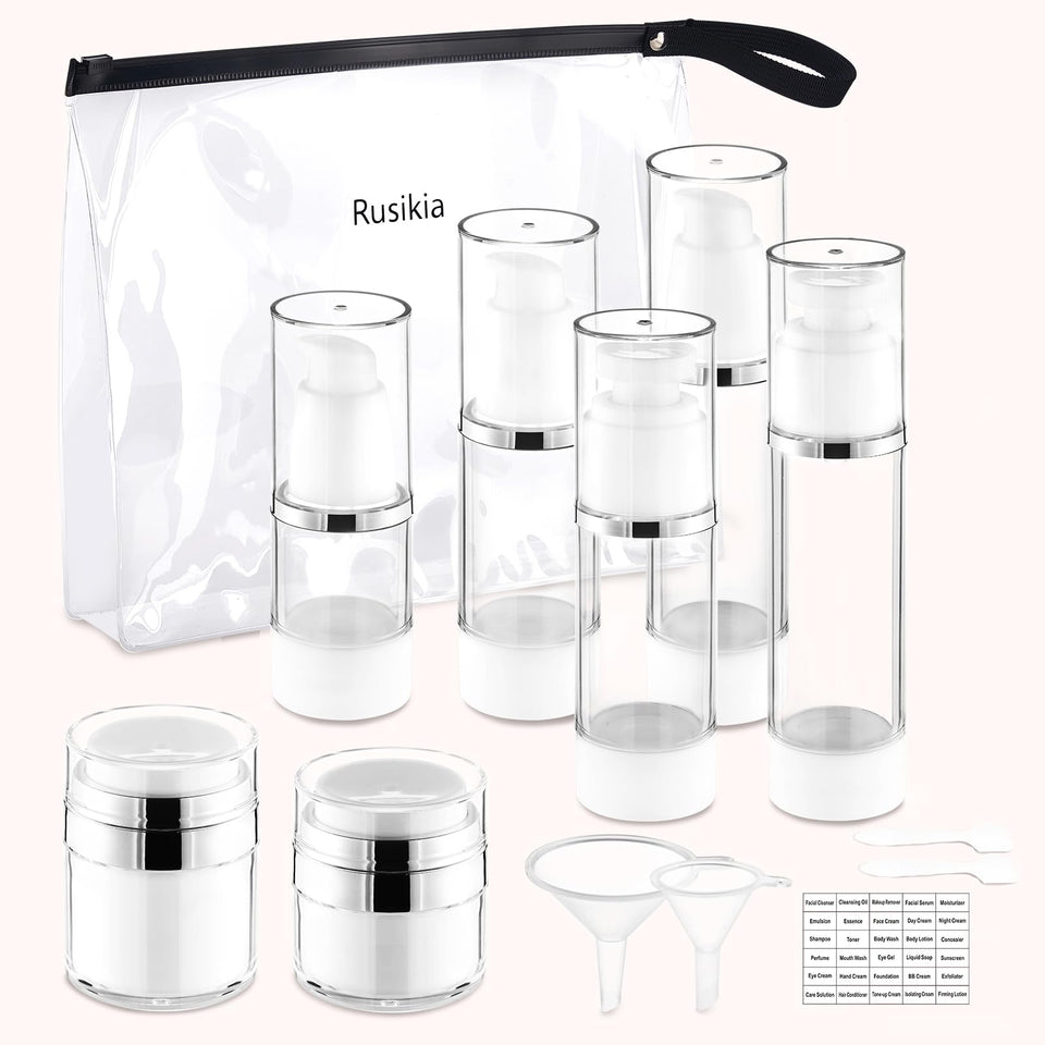 Rusikia 13-pack travel bottle set for organized on-the-go skincare.