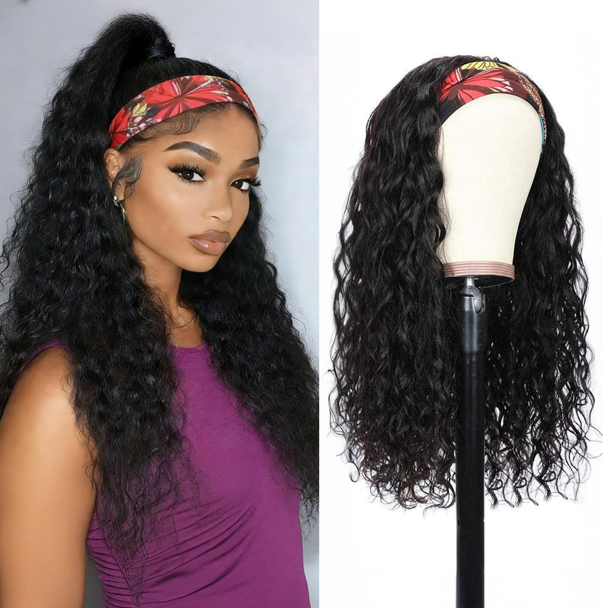 Rusiwave headband wig 18inch curly natural black for easy daily styling.