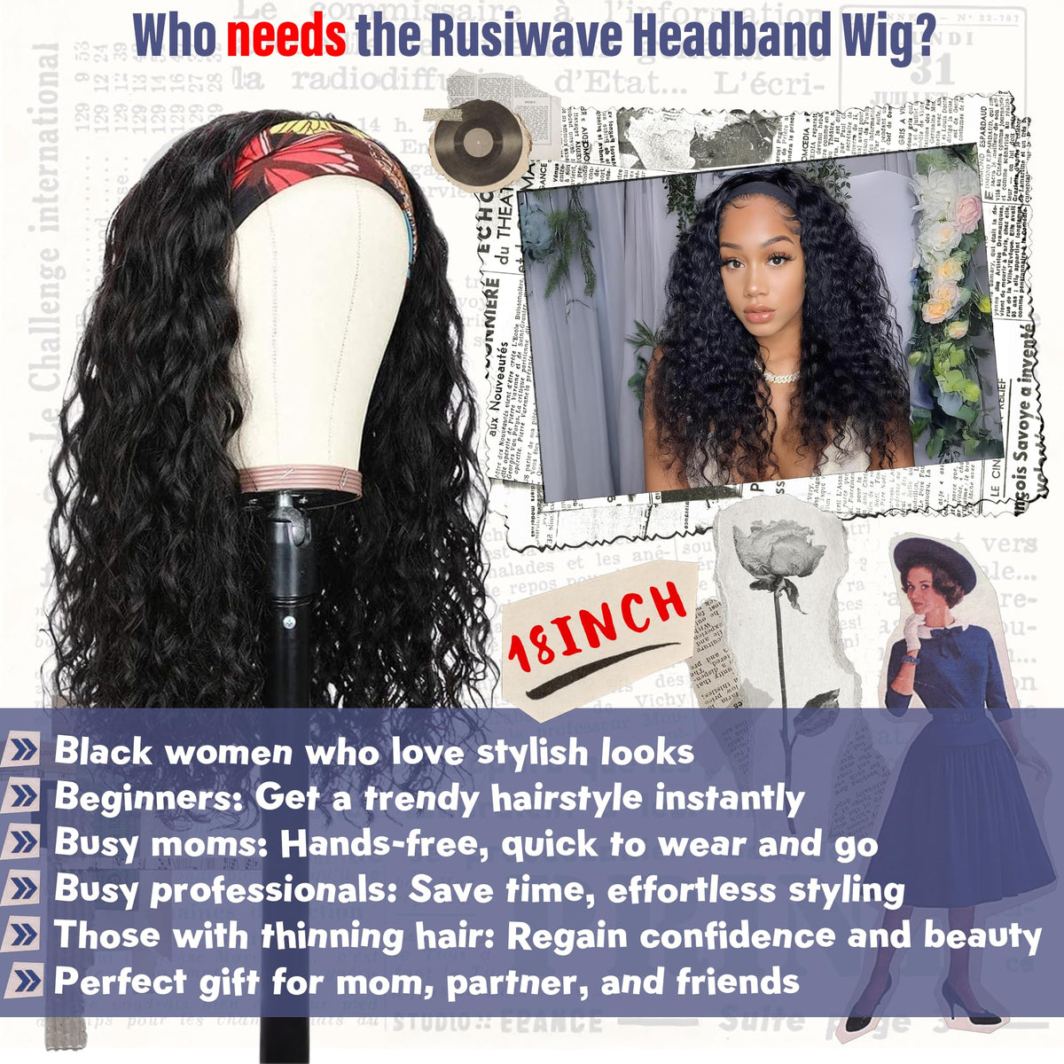 Rusiwave headband wig with four combs and adjustable straps for secure fit.