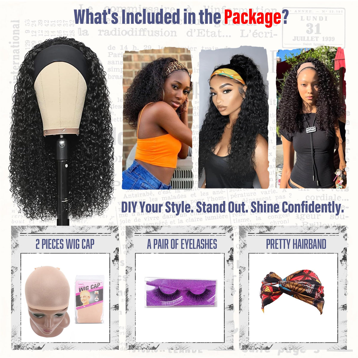 Rusiwave wig package includes cap and lashes for a complete look.