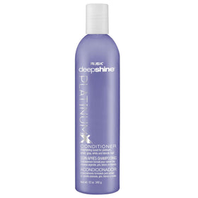 RUSK Deepshine Platinum Conditioner bottle close-up highlighting color-brightening benefits.