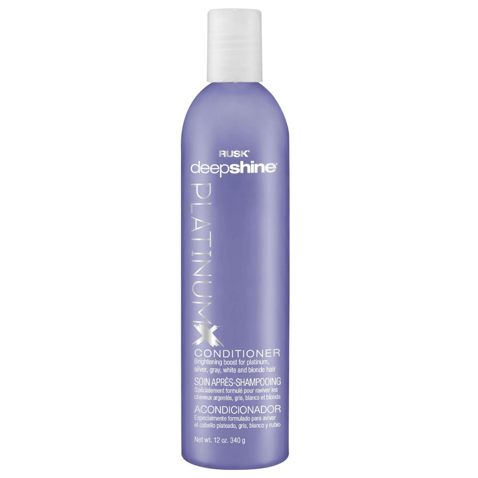 RUSK Deepshine Platinum Conditioner bottle close-up highlighting color-brightening benefits.