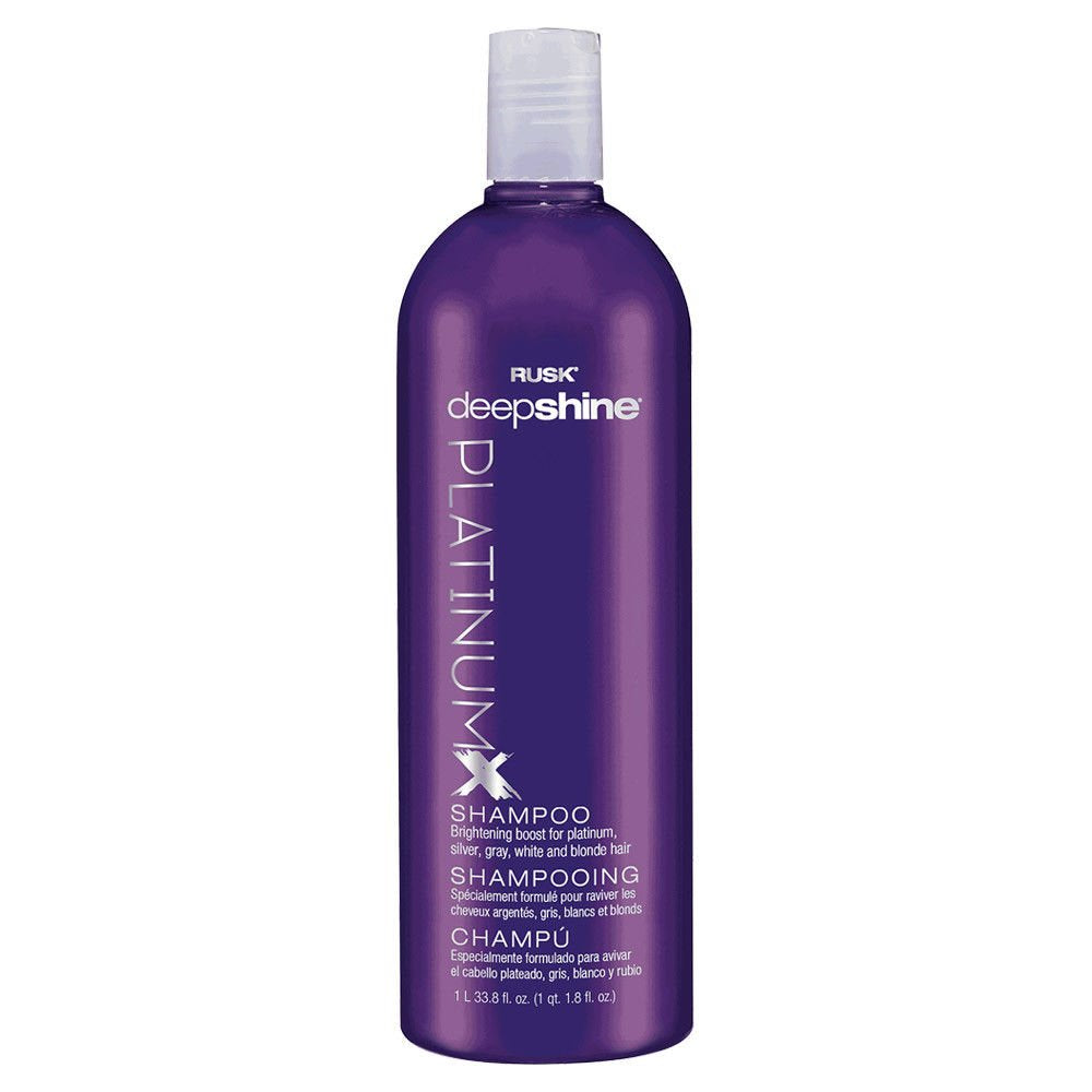 RUSK PlatinumX shampoo bottle for brightening platinum and blonde hair.