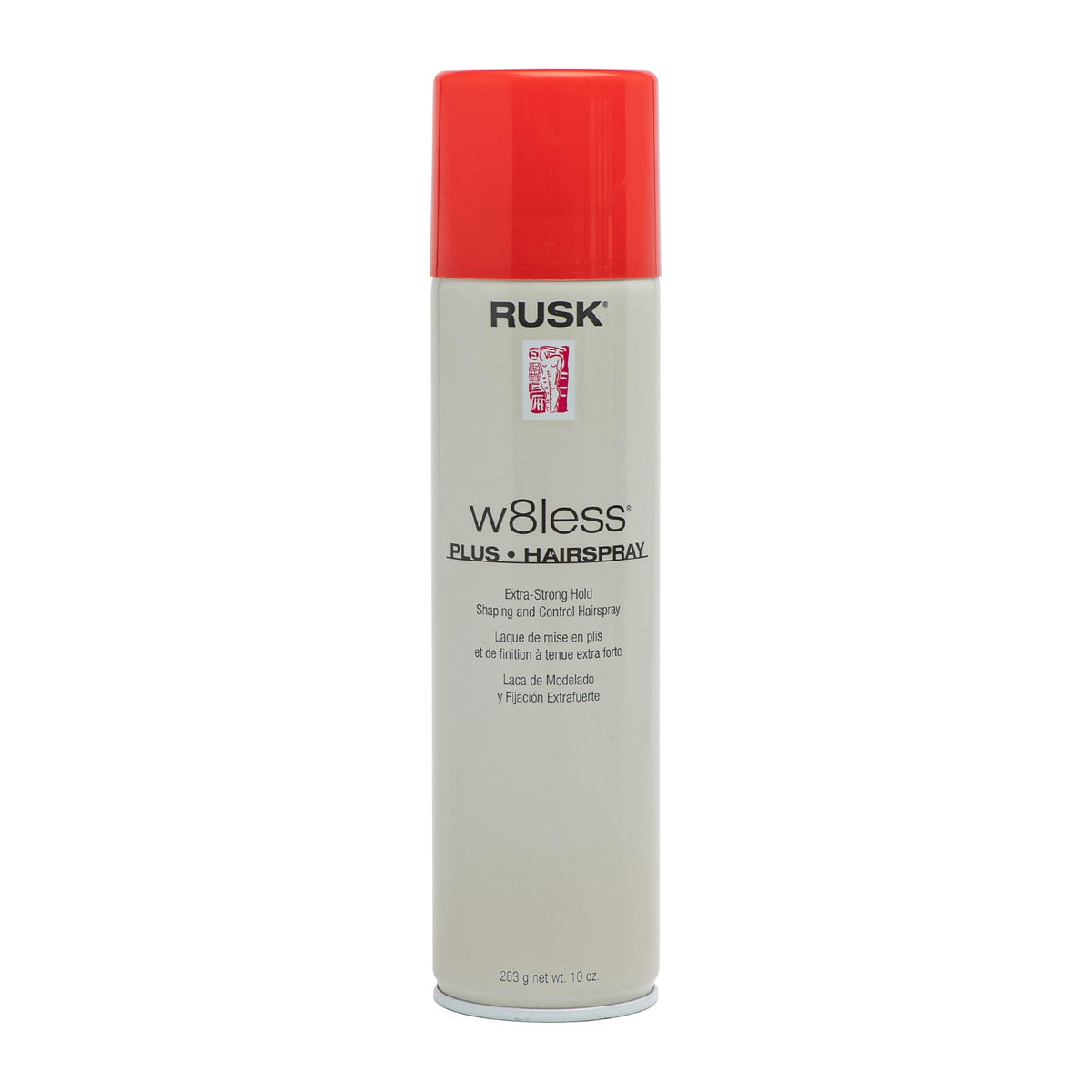 RUSK W8less extra-strong hold hairspray bottle for all-day style.