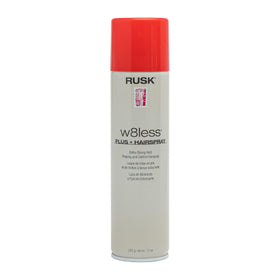 RUSK W8less extra-strong hold hairspray bottle for all-day style.