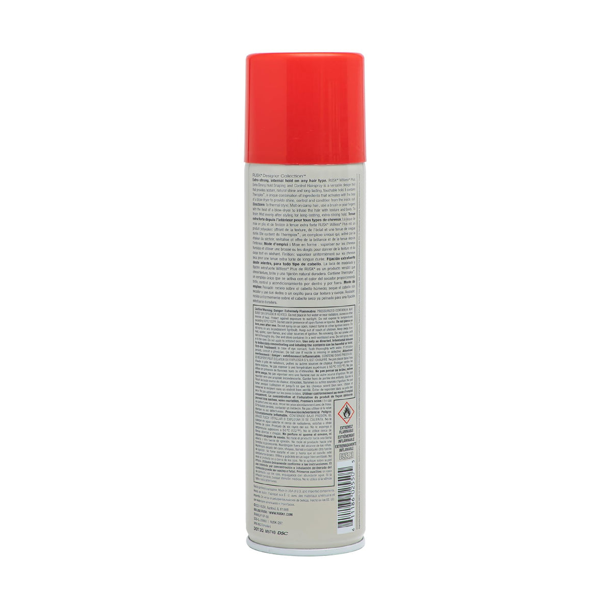 RUSK W8less hairspray mist for heat-activated hold and shine.