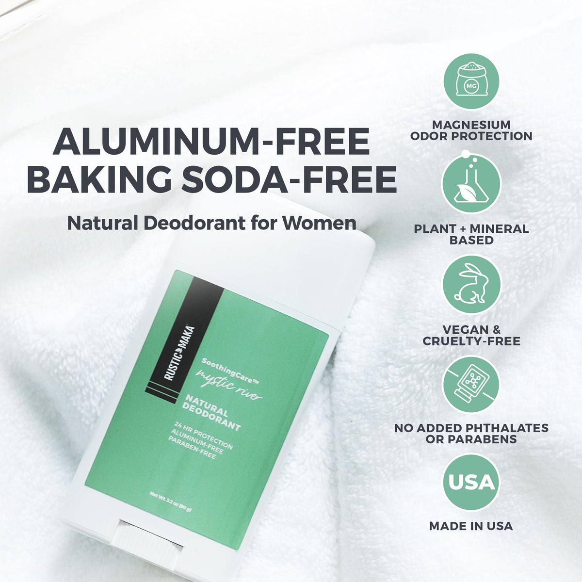 Rustic Maka label highlights aluminum-free and baking soda-free formula.
