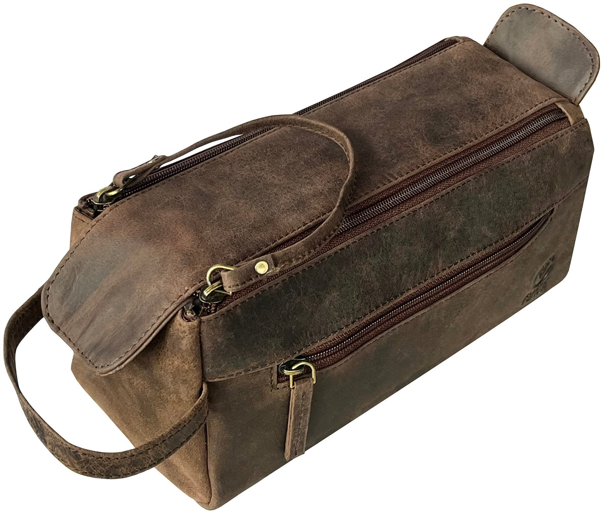 Rustic Town buffalo leather toiletry bag front view with vintage craftsmanship