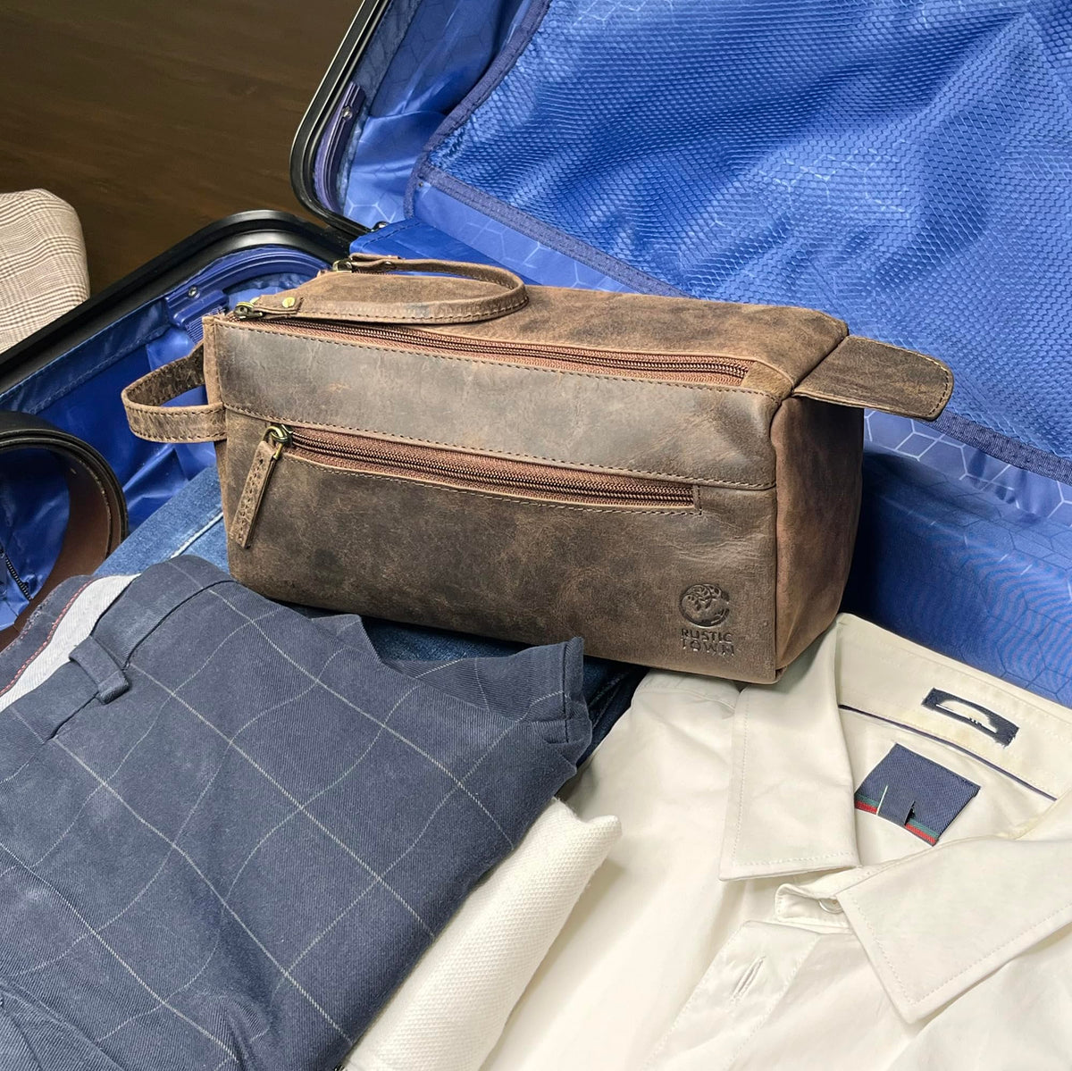 Rustic Town buffalo leather toiletry bag gift ready design for travelers