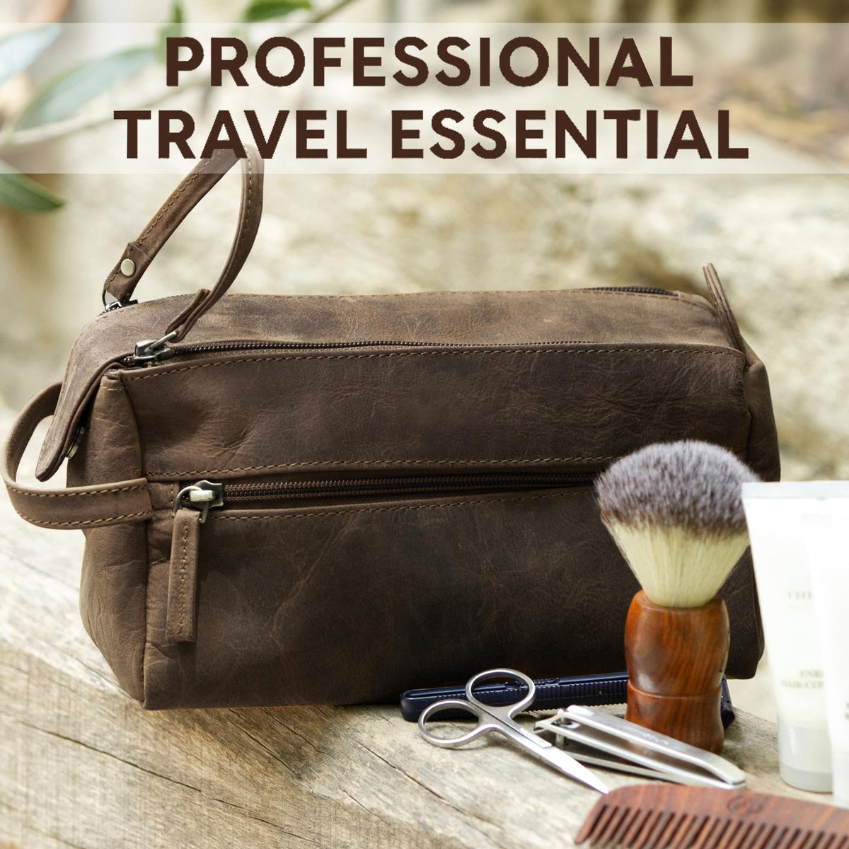 Rustic Town buffalo leather toiletry bag compact carry on size for travel