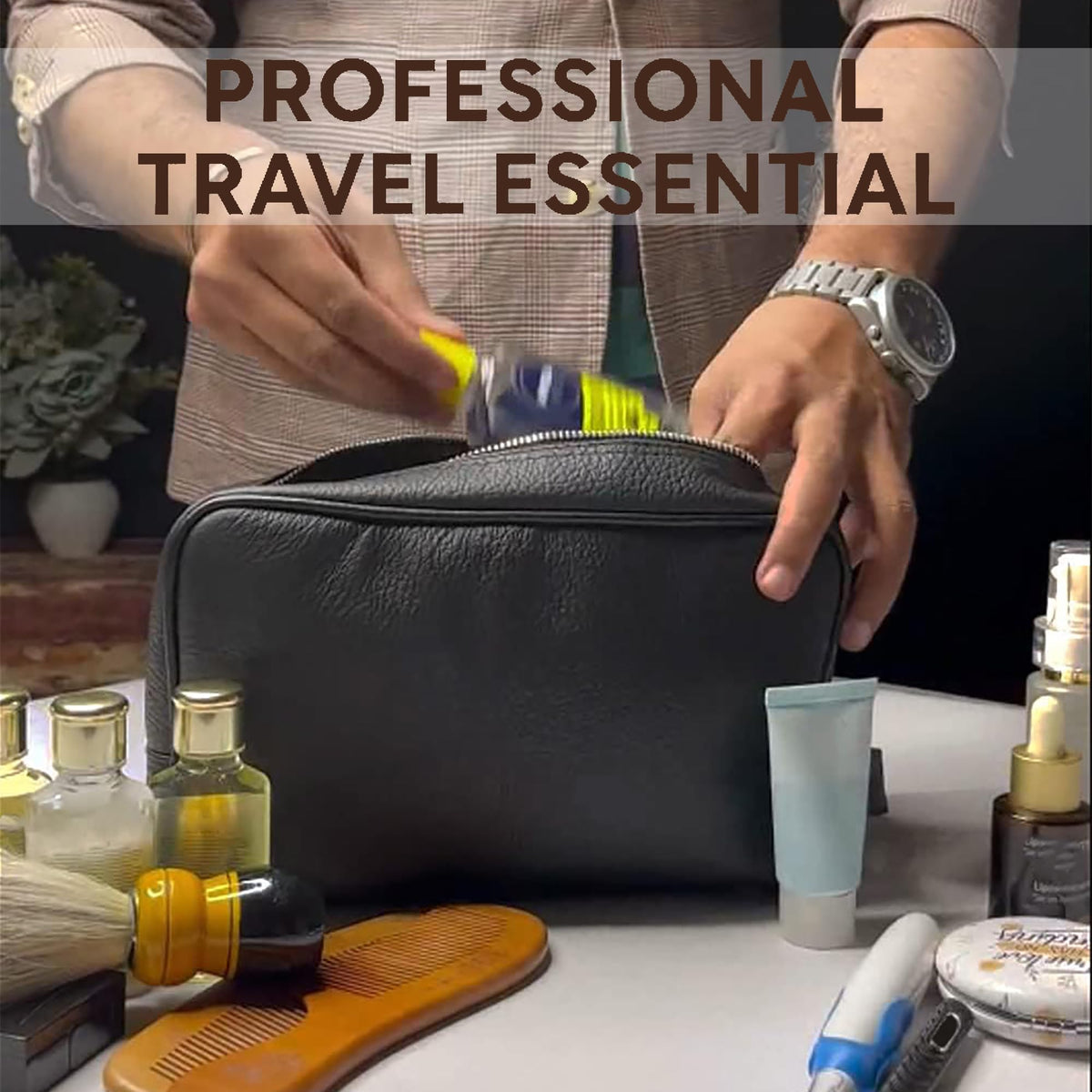 Rustic Town toiletry bag open showing dual compartments for organized essentials.