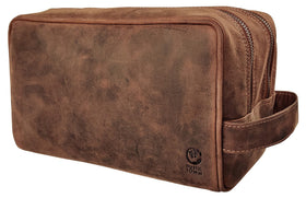 RUSTIC TOWN full-grain leather toiletry bag in brown with durable patina, ideal for travel.
