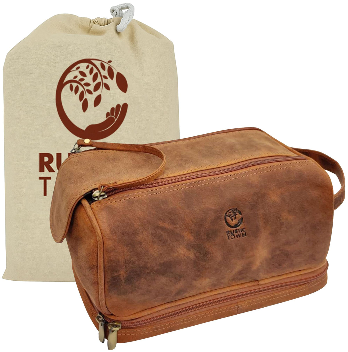 Rustic Town leather Dopp kit front view showing premium craftsmanship for travel