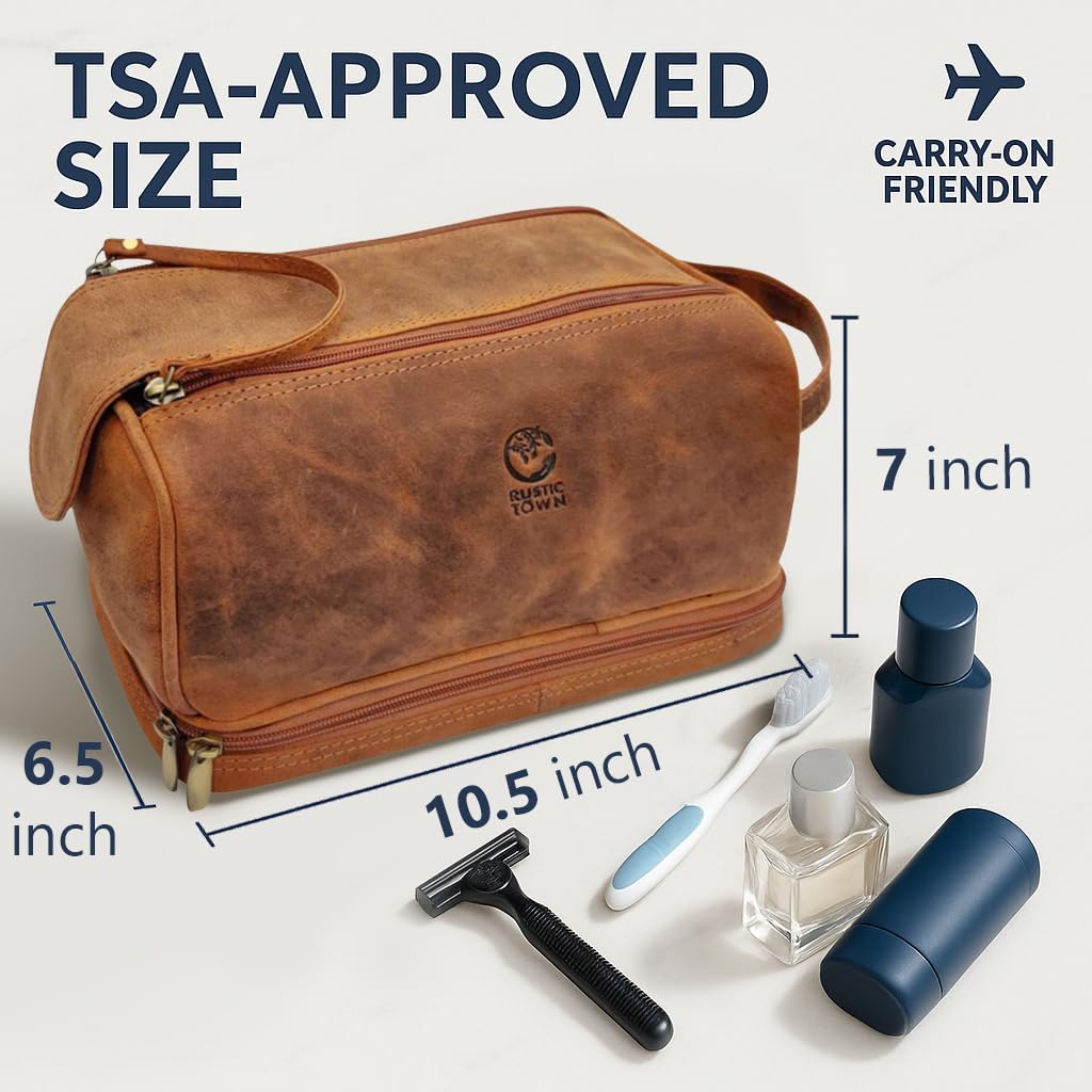 Rustic Town leather Dopp kit side panel highlighting sturdy construction