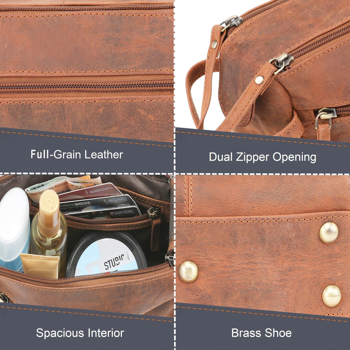 Rustic Town toiletry bag with sturdy stitching and durable zippers.