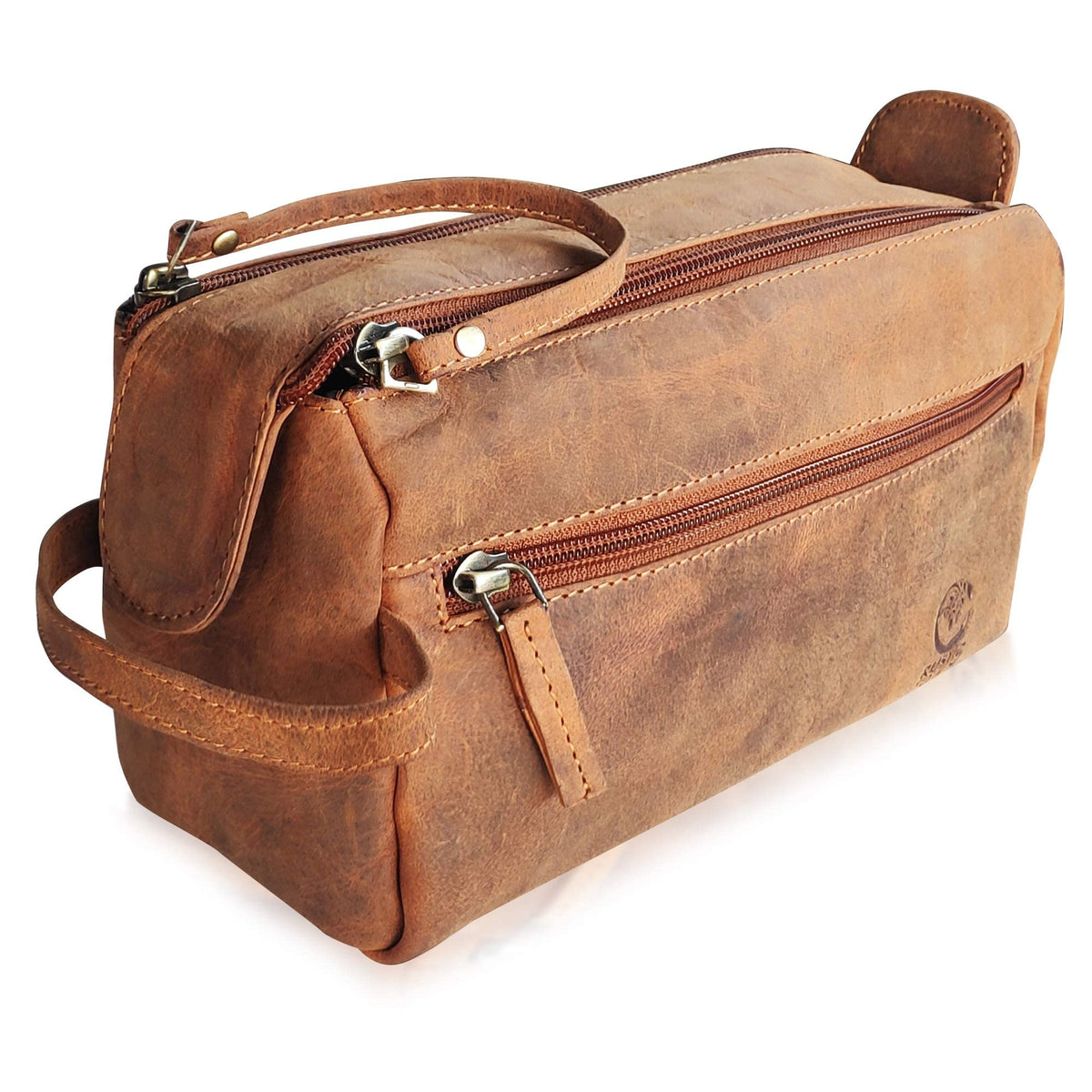 Rustic Town leather toiletry bag with waterproof lining for travel organization.